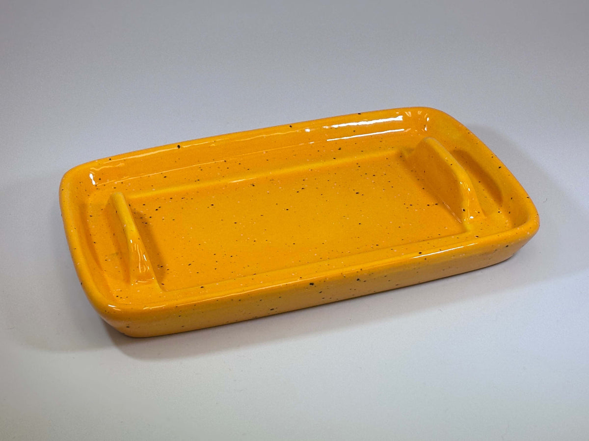Butter Dish with White Lid Yellow Spots