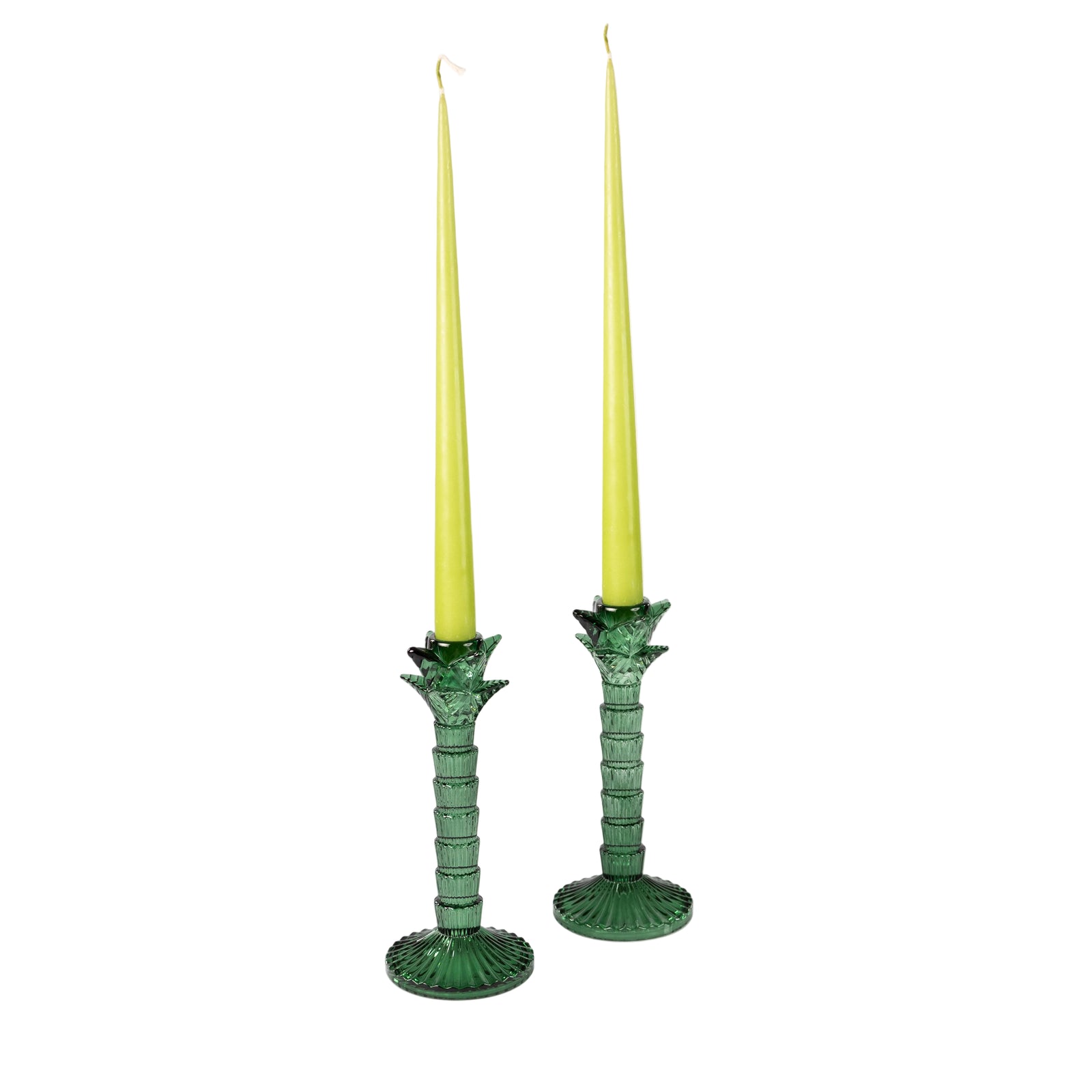Green Glass Palm Tree Candle Holder - Set of Two
