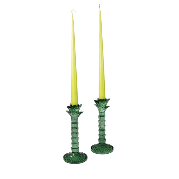 Green Glass Palm Tree Candle Holder - Set of Two