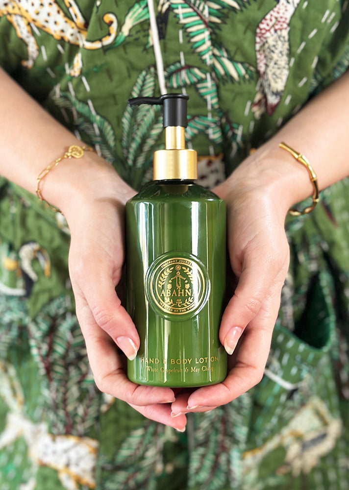 Frangipani & Orange Blossom body wash in embossed Abahna bottle
