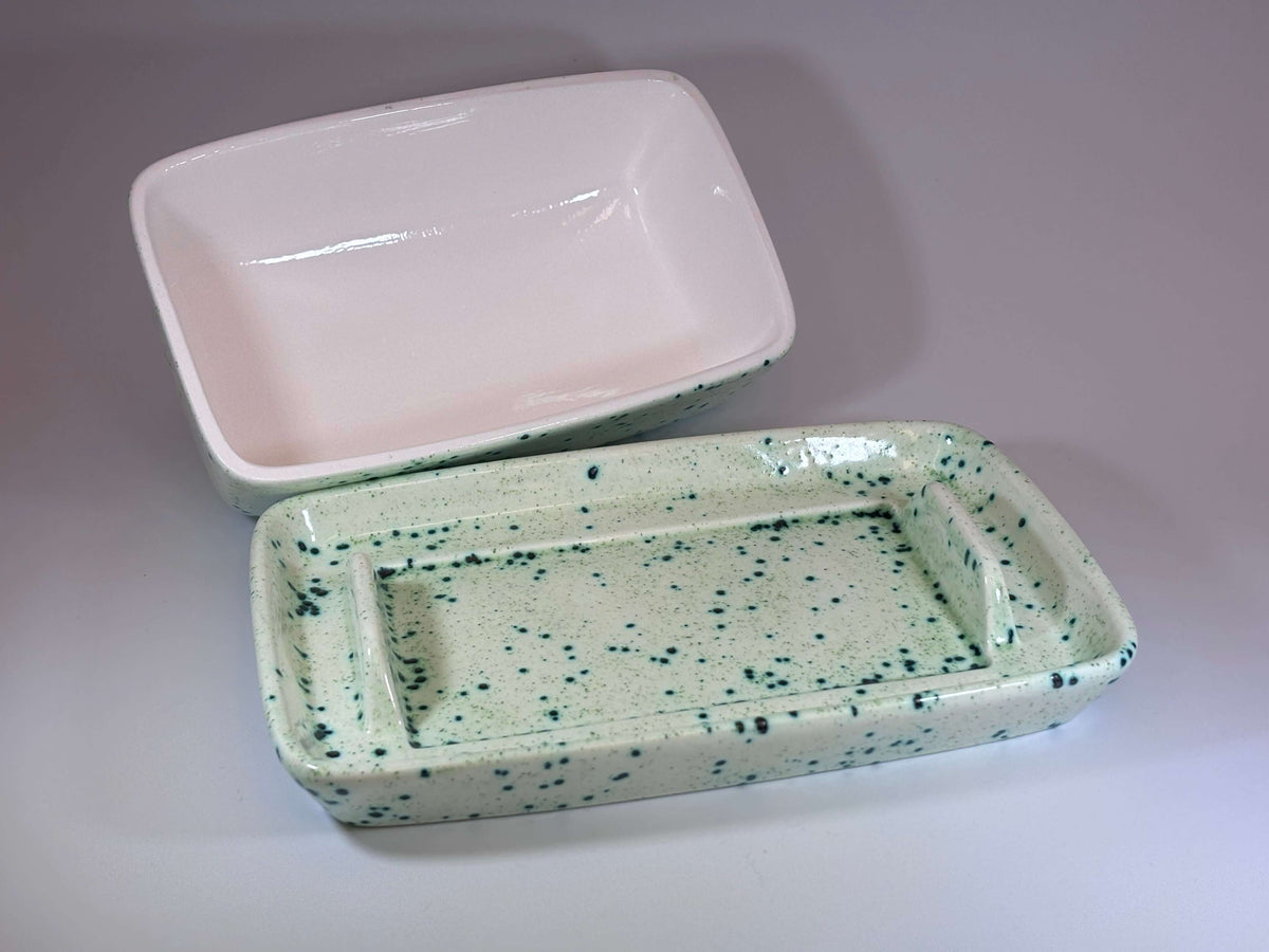 Butter Dish, Speckled Green Glaze