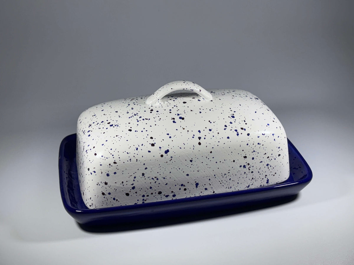 Speckled Blue Butter Dish with Handle