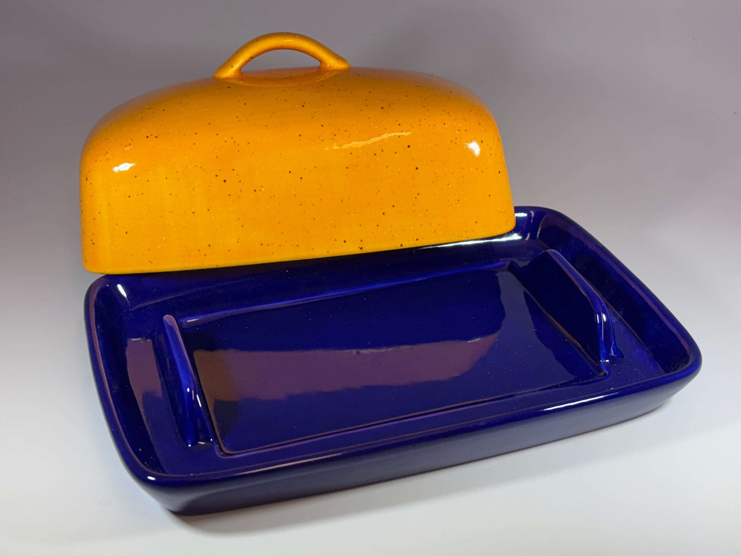 Royal Blue Butter Dish with Yellow Lid and Handle