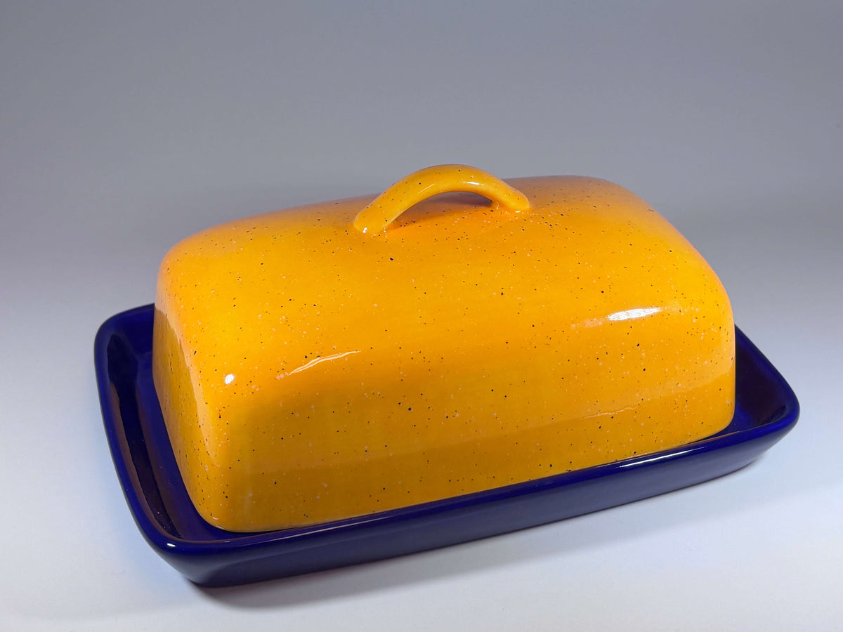 Royal Blue Butter Dish with Yellow Lid and Handle