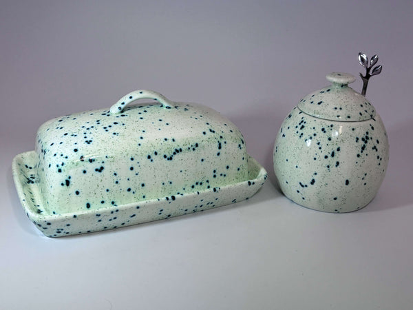 butter dish sugar bowl set speckled green