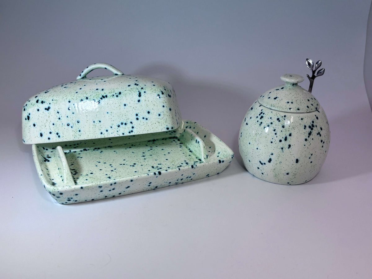 butter dish sugar bowl set speckled green