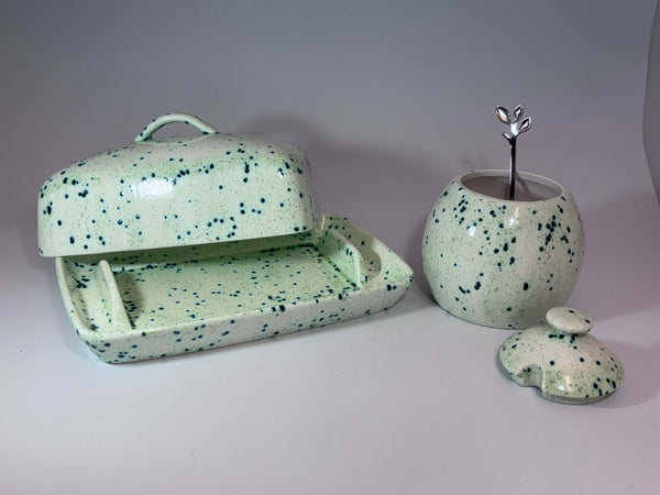 butter dish sugar bowl set speckled green