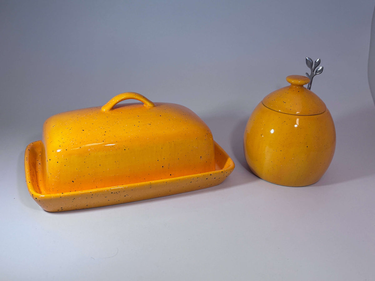 Butter Dish with Sugar Bowl Set - Yellow Speckle Glaze