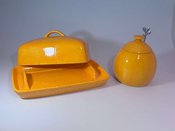 Butter Dish with Sugar Bowl Set - Yellow Speckle Glaze