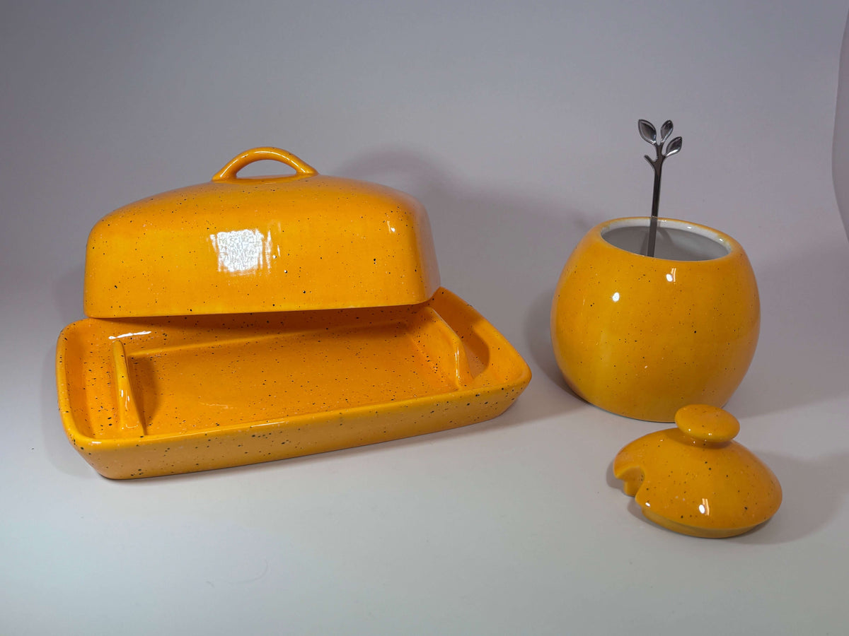 Butter Dish with Sugar Bowl Set - Yellow Speckle Glaze
