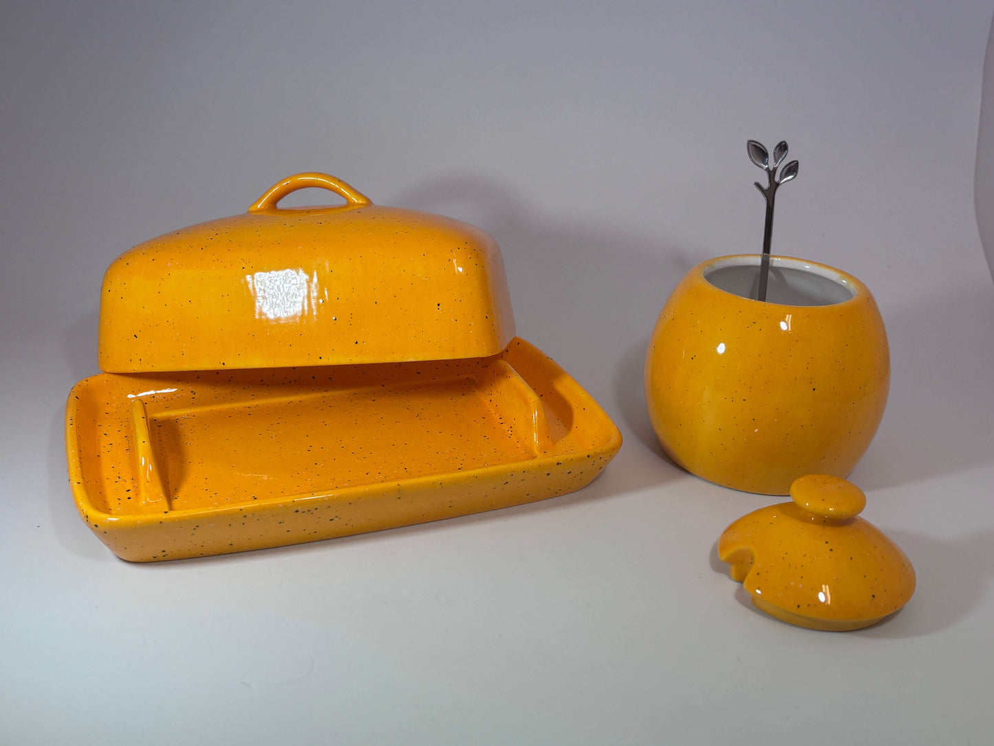 Butter Dish with Sugar Bowl Set - Yellow Speckle Glaze