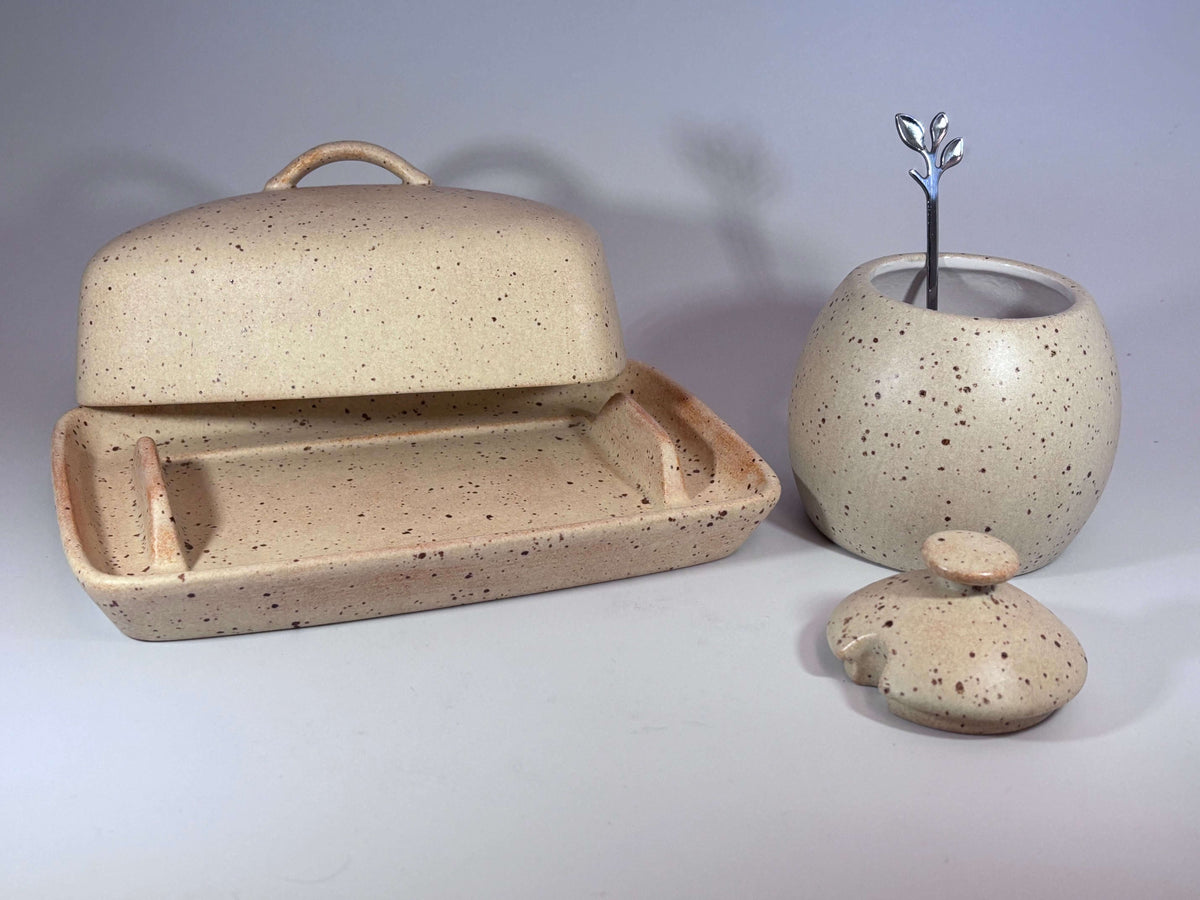 Butter Dish and Sugar Bowl Set Oatmeal Glaze