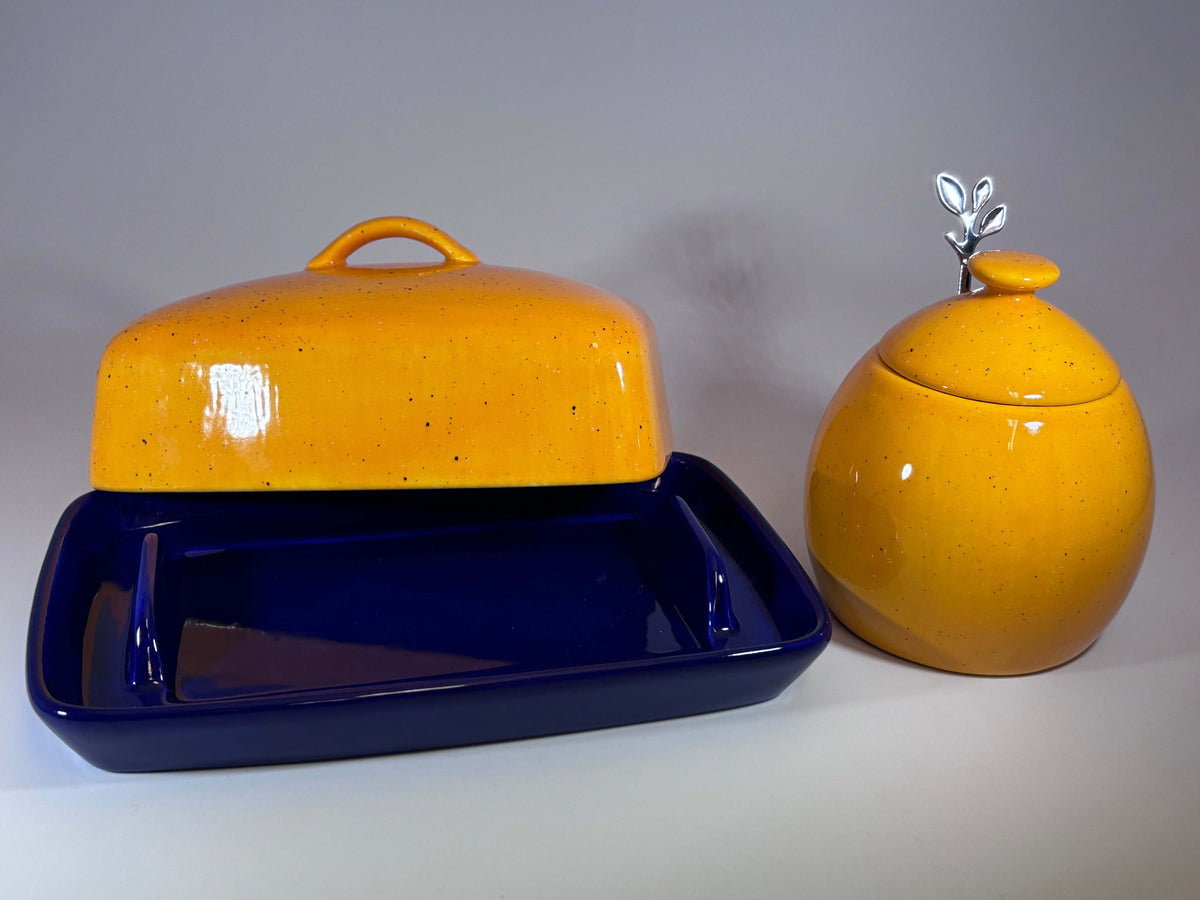 Butter Dish and Sugar Bowl Set - Yellow Speckle Glaze