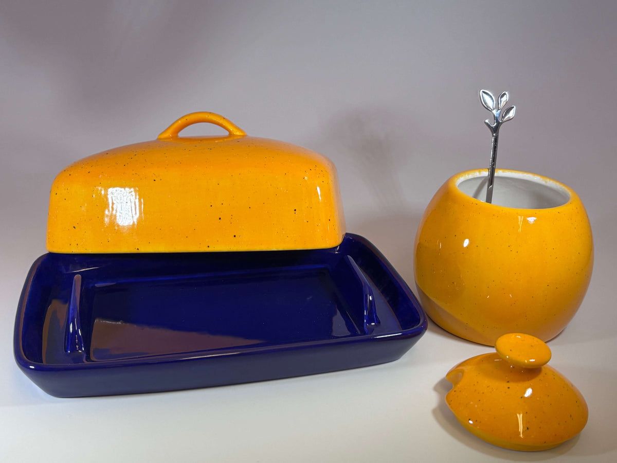 Butter Dish and Sugar Bowl Set - Yellow Speckle Glaze
