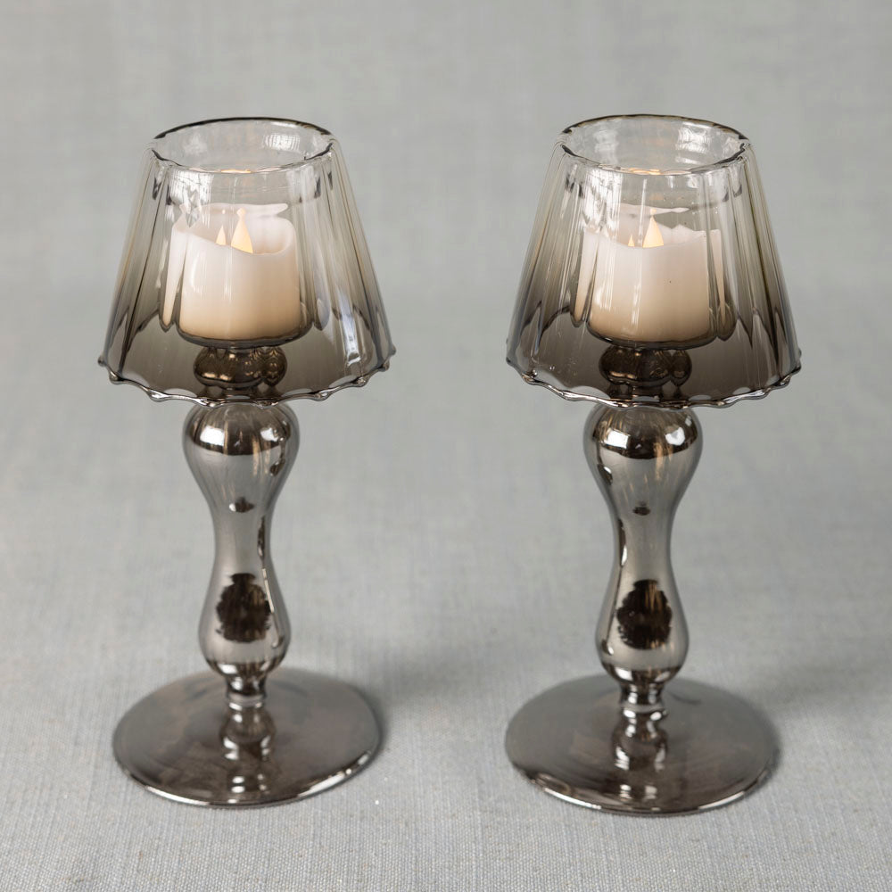 Glass lantern tea light holder - smoke - Set of two