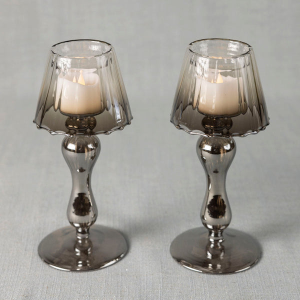 Glass lantern tea light holder - smoke - Set of two