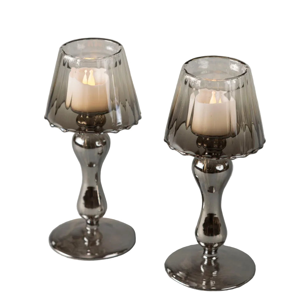 Glass lantern tea light holder - smoke - Set of two