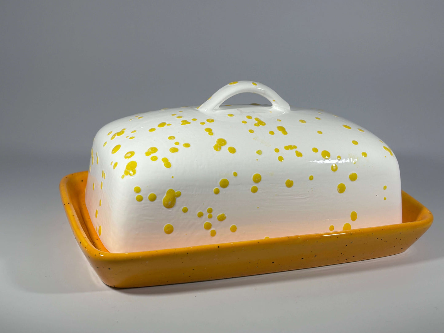 Butter Dish with White Lid Yellow Spots