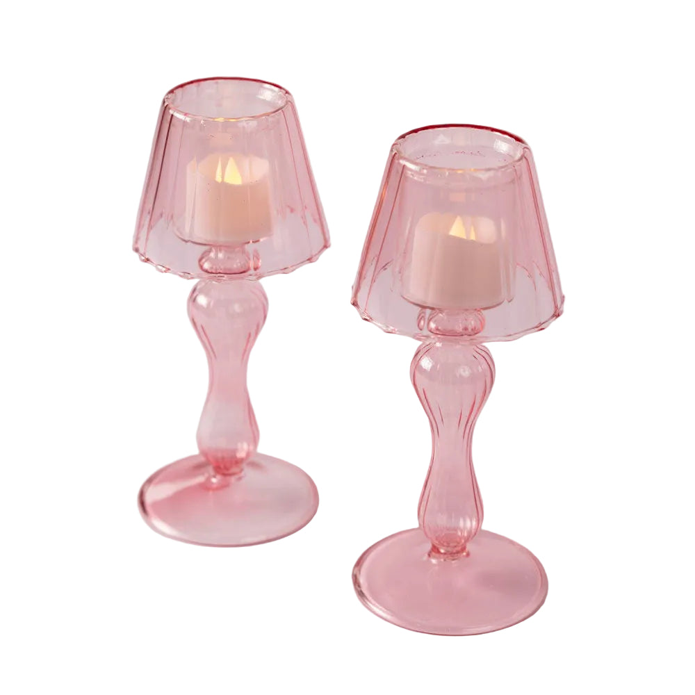 Glass lantern tea light holder - Pink - Set of two