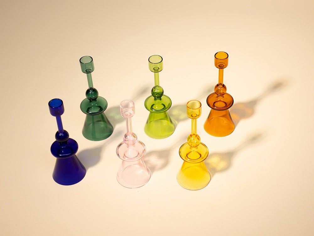 Yellow Glass Taper Candle Holder | Handcrafted Borosilicate (Set of 2)