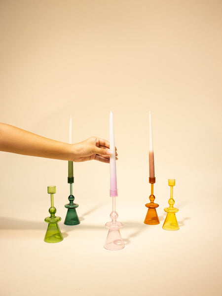 Yellow Glass Taper Candle Holder | Handcrafted Borosilicate (Set of 2)