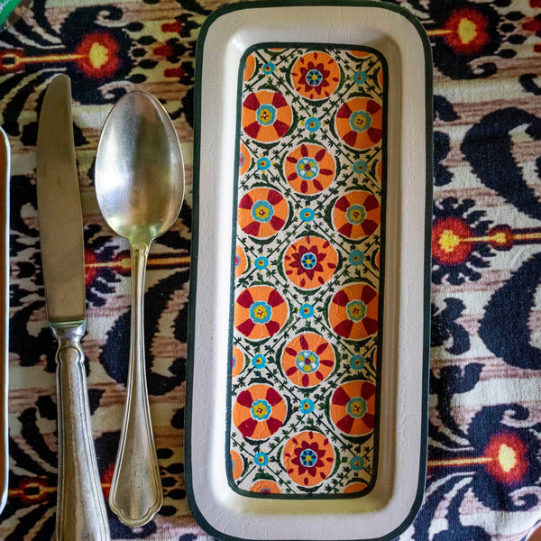 Ikat Hand-Painted Iron Tray - Rectangular White