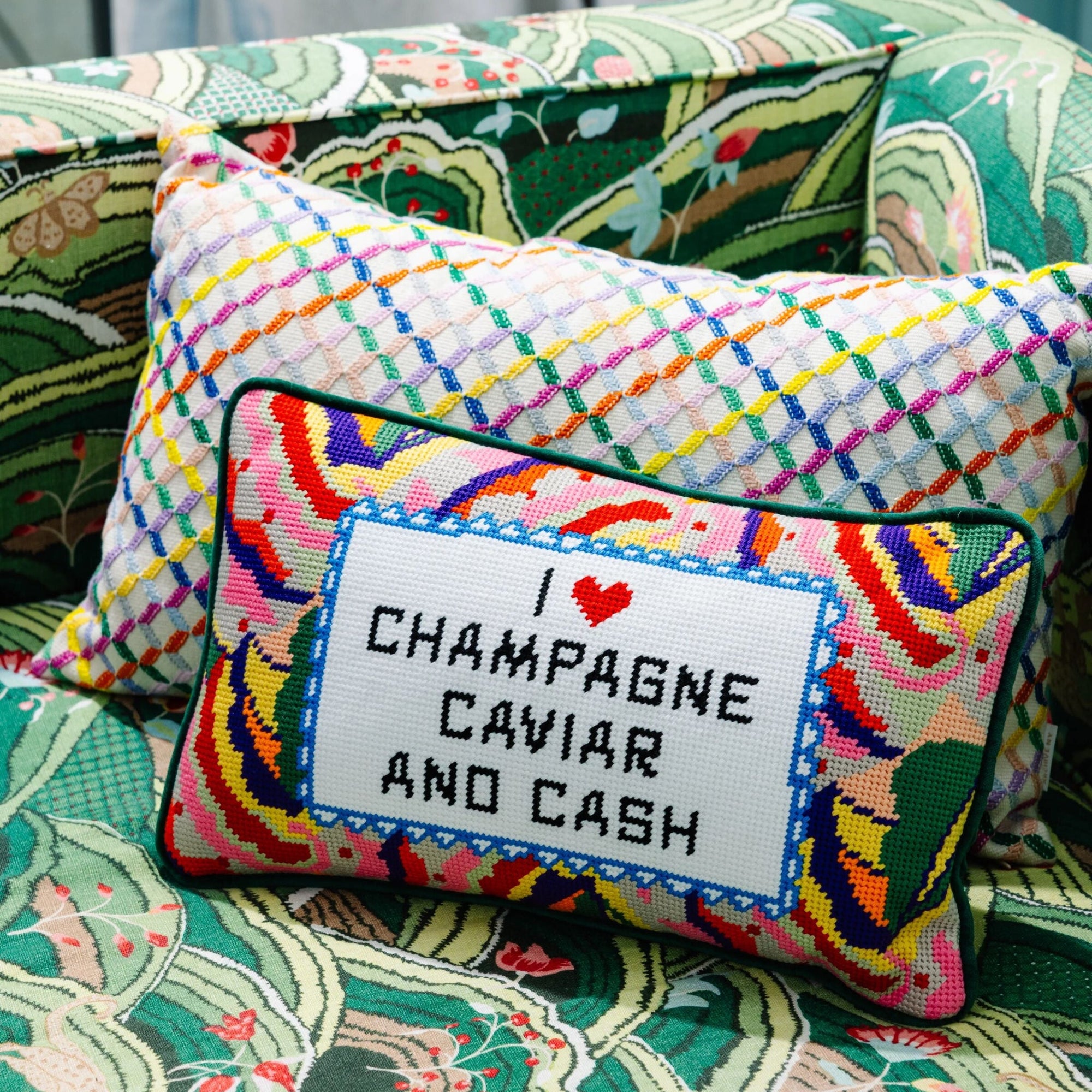 Caviar and Cash Needlepoint Pillow - Furbish Studio