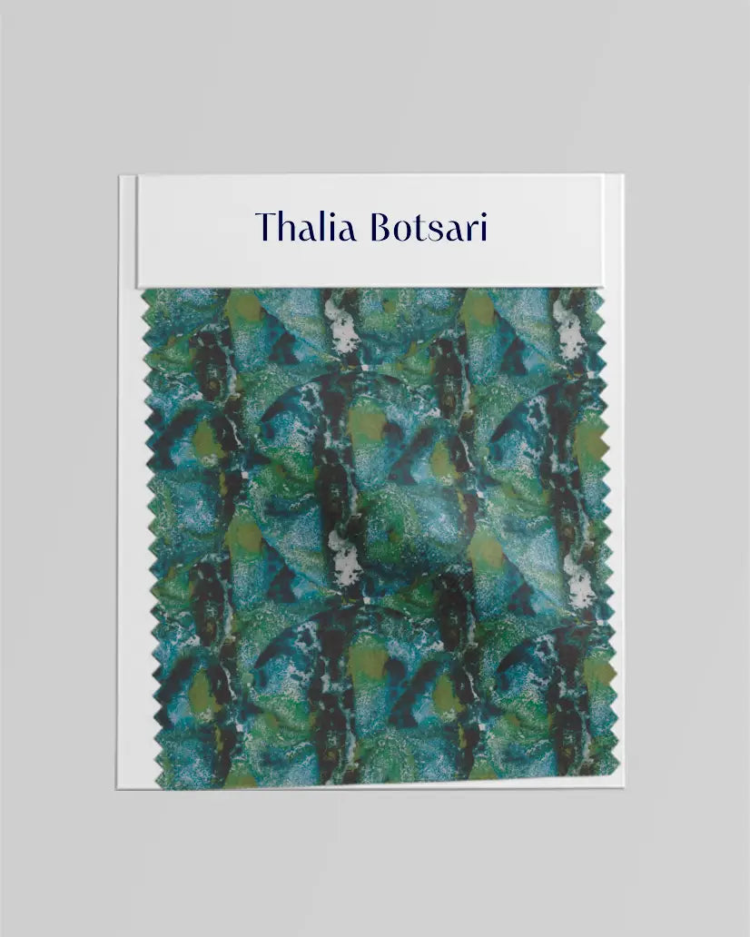 Irida Green designer linen fabric abstract ink pattern sample