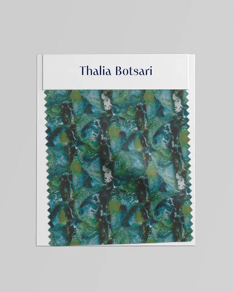 Irida Green designer linen fabric abstract ink pattern sample