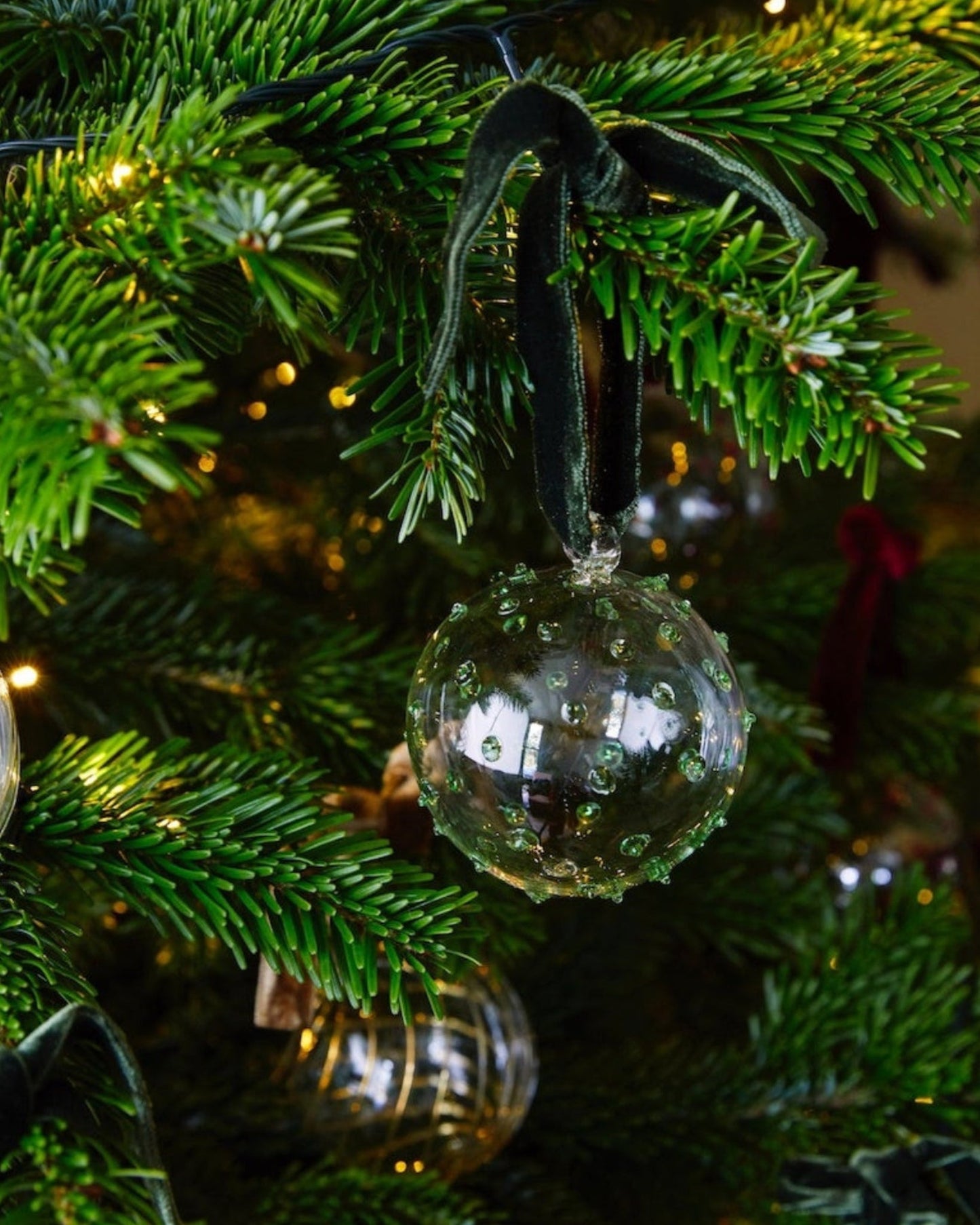 Box of Six Pom Glass Baubles - Green