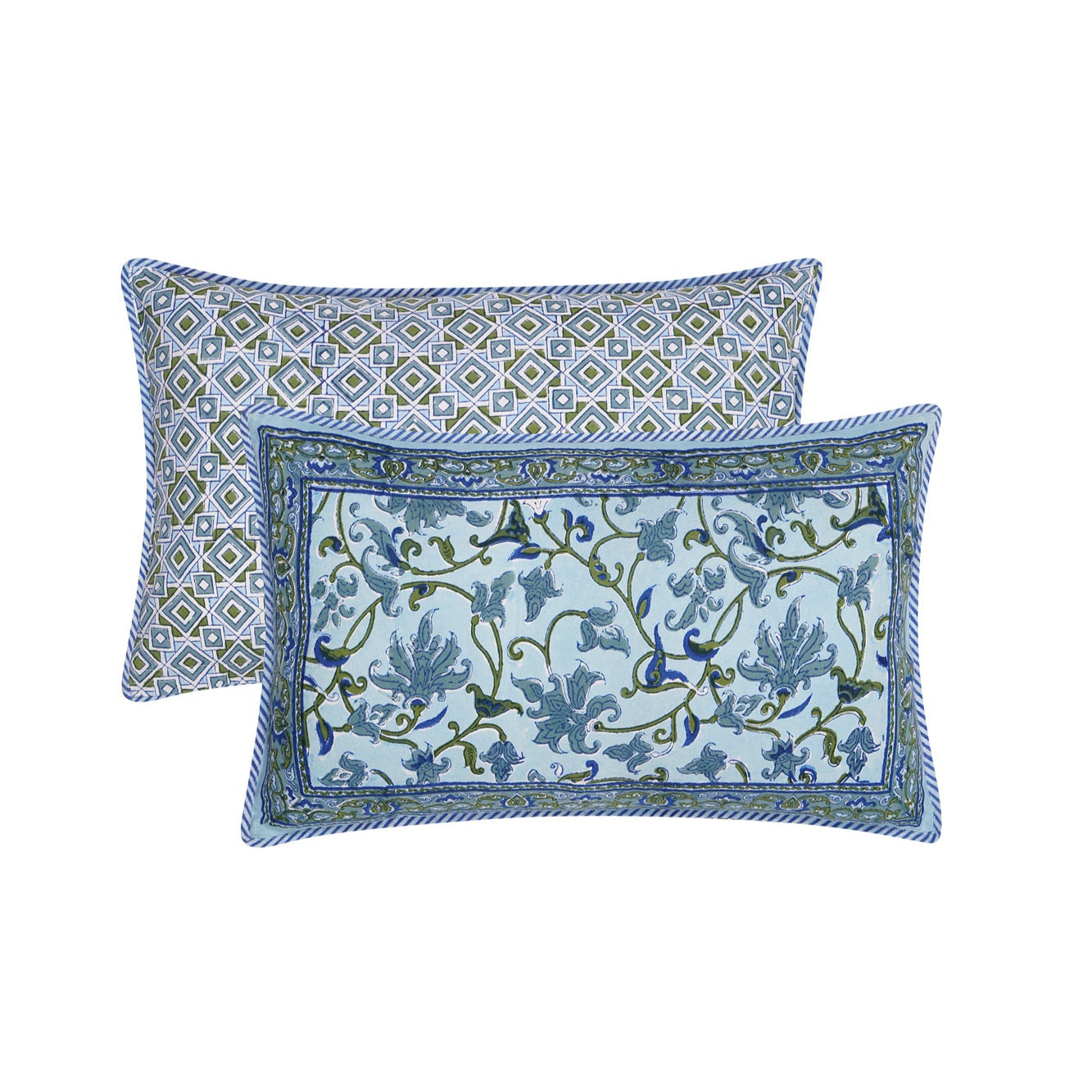 Rectangular block printed Jheel Cushion Cover in botanical and geometric designs