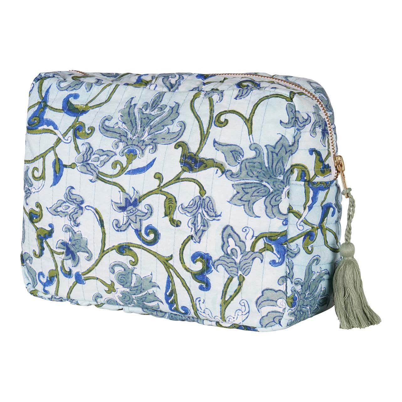 A medium-sized hand block-printed vanity pouch with floral patterns, displayed in an upright position with the zipper closed. The pouch is made of cotton and has a soft, solid color background with detailed prints.