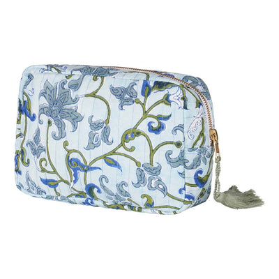 A medium-sized hand block-printed vanity pouch with floral patterns, displayed in an upright position with the zipper closed. The pouch is made of cotton and has a soft, solid color background with detailed prints.