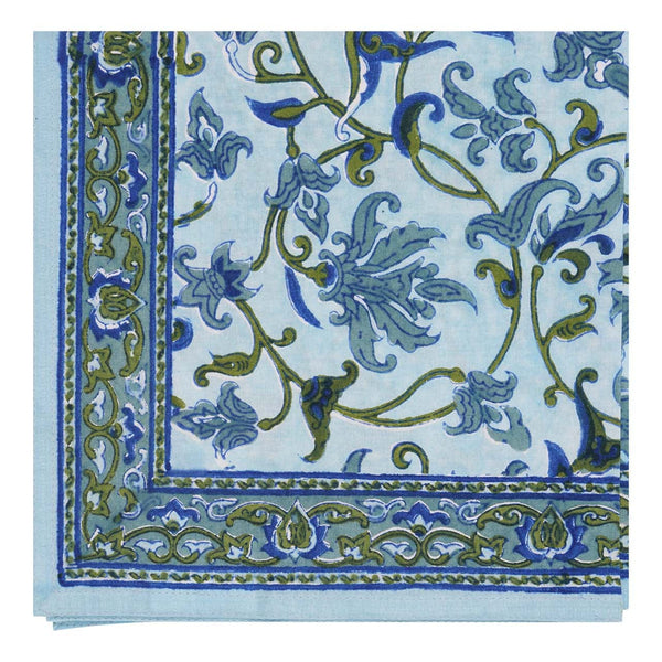 Block printed Jheel Table Napkin with a trailing botanical design in blues and greens