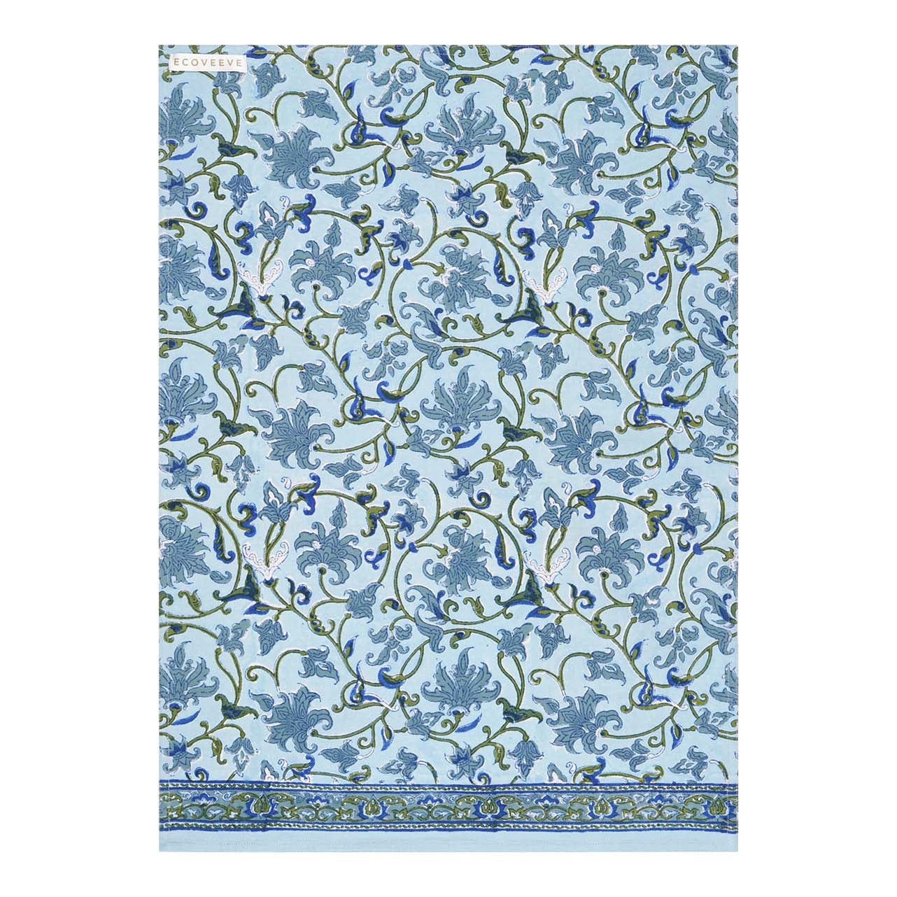 A hand-block printed cotton tea towel with a floral pattern in blue and green hues.