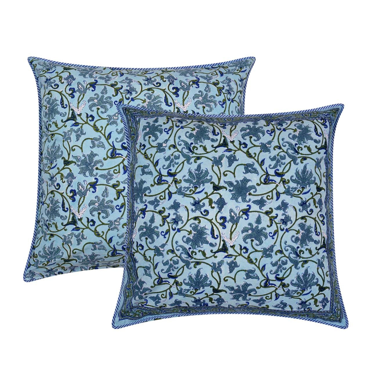 Square block printed Jheel Cushion Cover in blues and greens