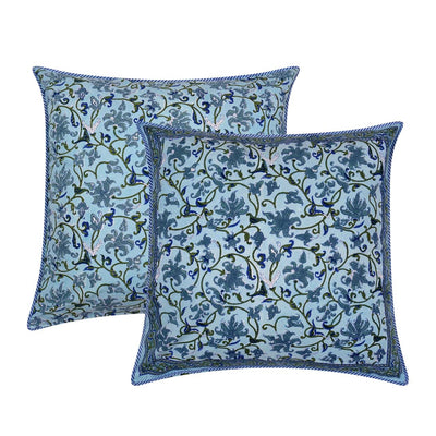 Square block printed Jheel Cushion Cover in blues and greens