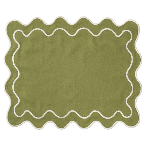 Placemats Wavy Green/white Linen-blend - Set of 2