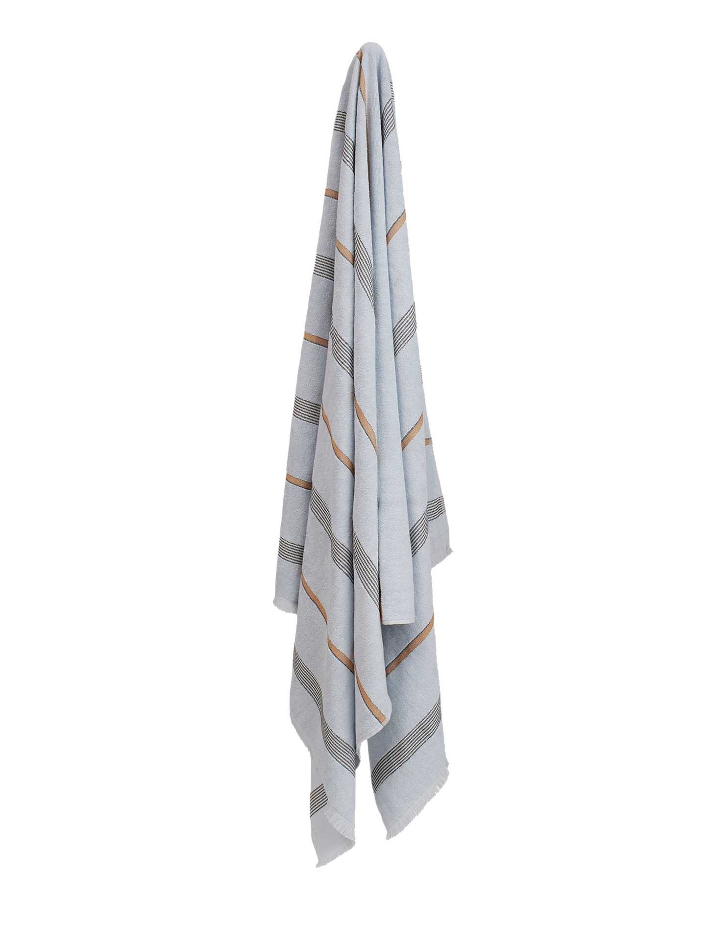 Pale blue towel with black and tan stripes hanging on a wall. 