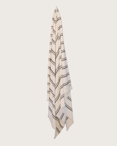 Kobn Crema towel with black stripes hanging on a butter yellow background
