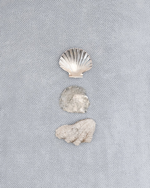 Three shells on a pale mist blue chunky cotton weave bathmat by Kobn