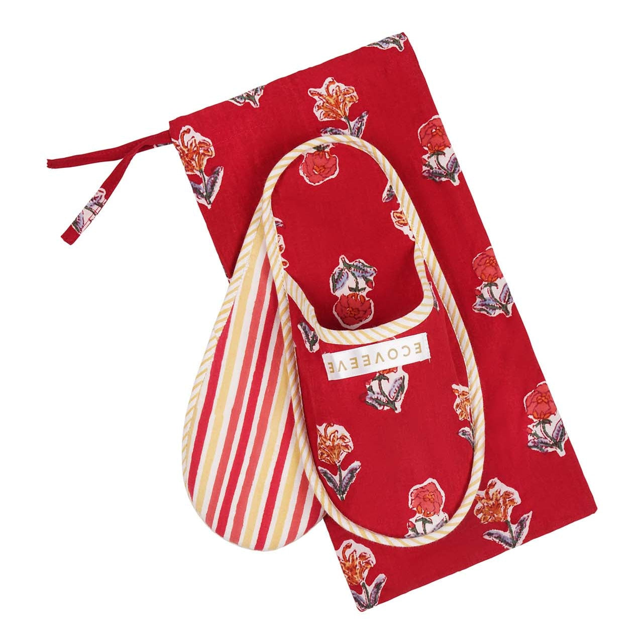 A pair of red and yellow hand block-printed cotton slippers with a floral pattern, displayed alongside a matching red and yellow striped pouch.