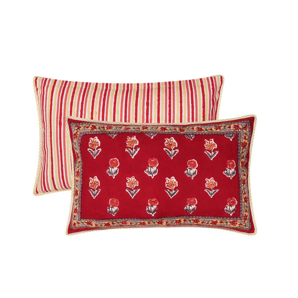 Rectangular block printed Kum Kum Cushion Cover in red florals and stripes