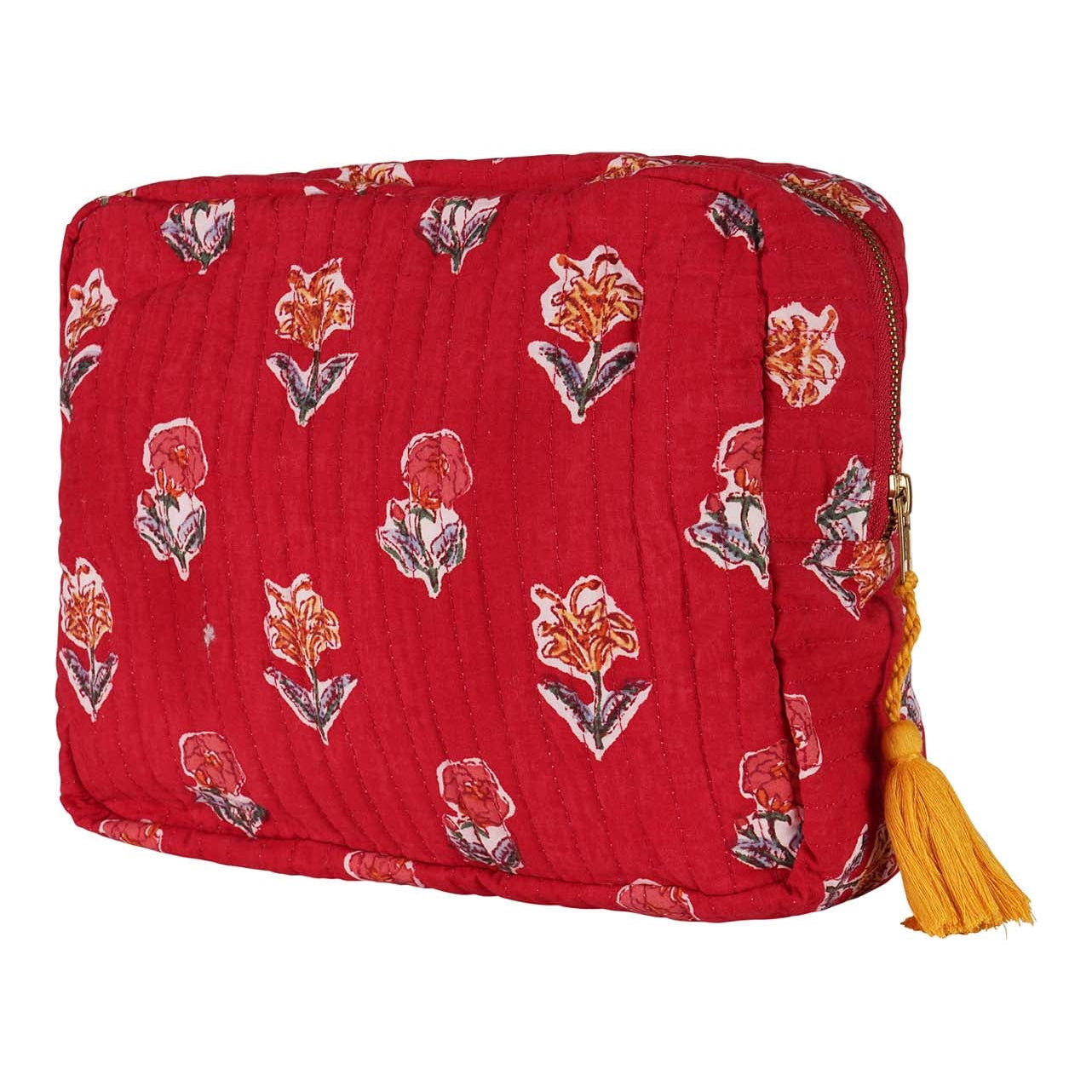 A red hand block-printed vanity pouch with floral patterns, crafted from cotton, with a yellow tassel on the zip.
