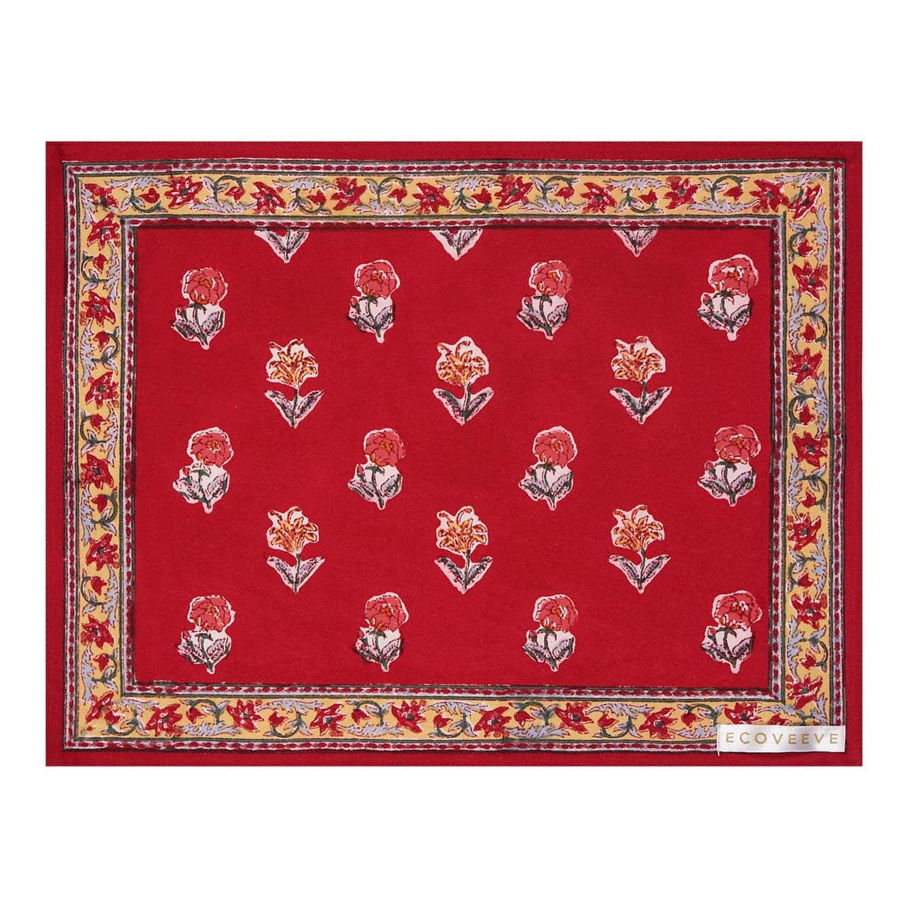A hand-block printed red cotton table mat with floral patterns and a border.