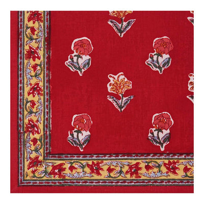 Block Printed floral Kum Kum table napkin in reds and yellows