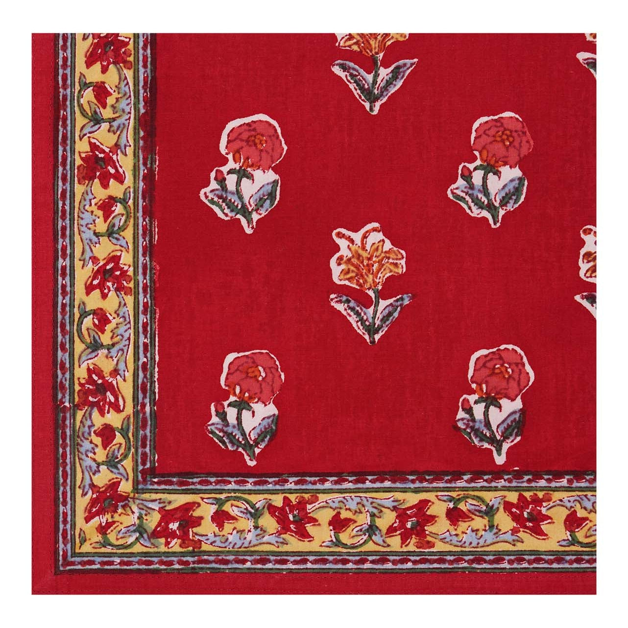 Block Printed floral Kum Kum table napkin in reds and yellows