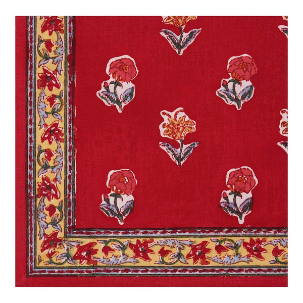 Block Printed floral Kum Kum table napkin in reds and yellows