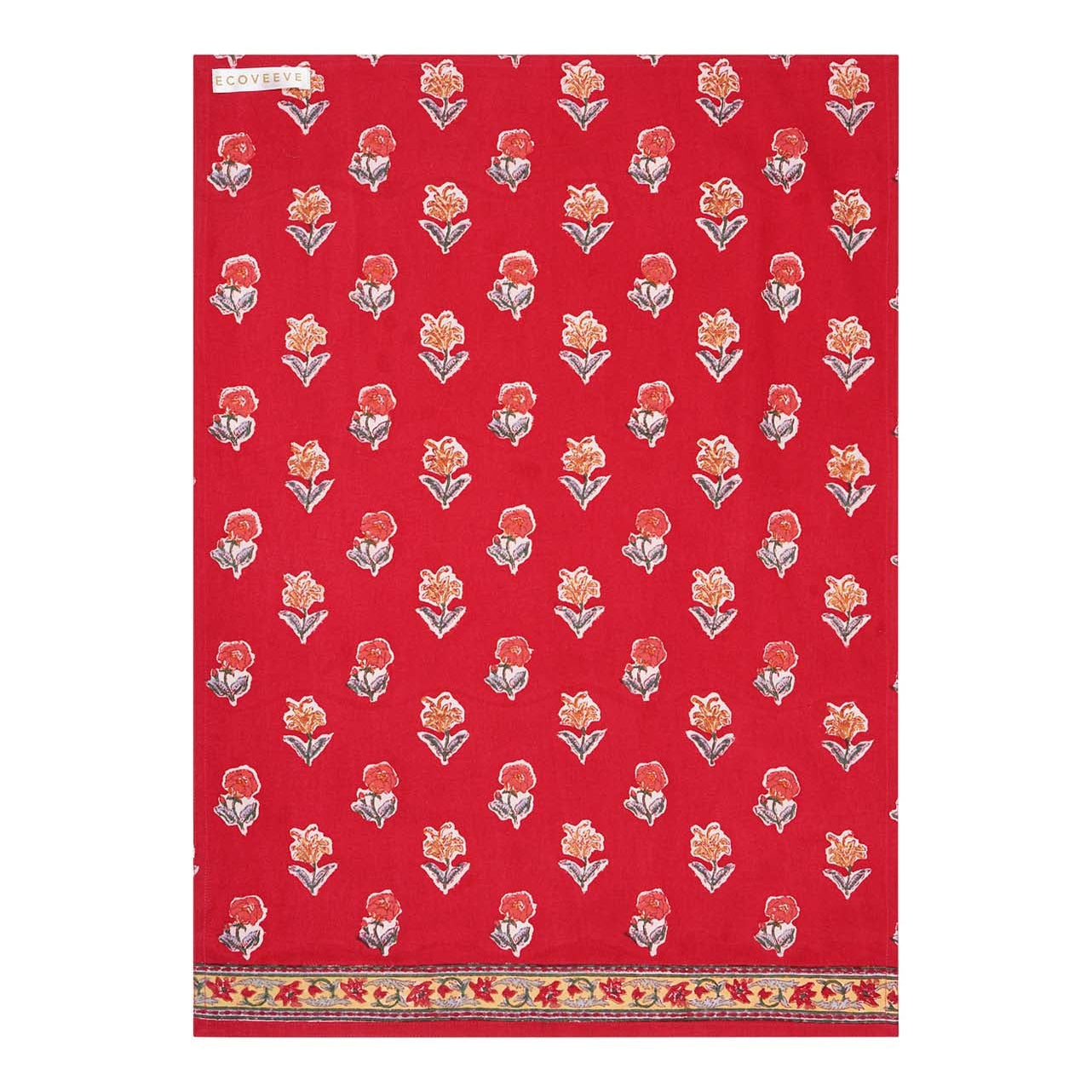 A red hand-block printed cotton tea towel with floral patterns and a border.