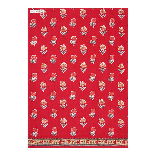 A red hand-block printed cotton tea towel with floral patterns and a border.